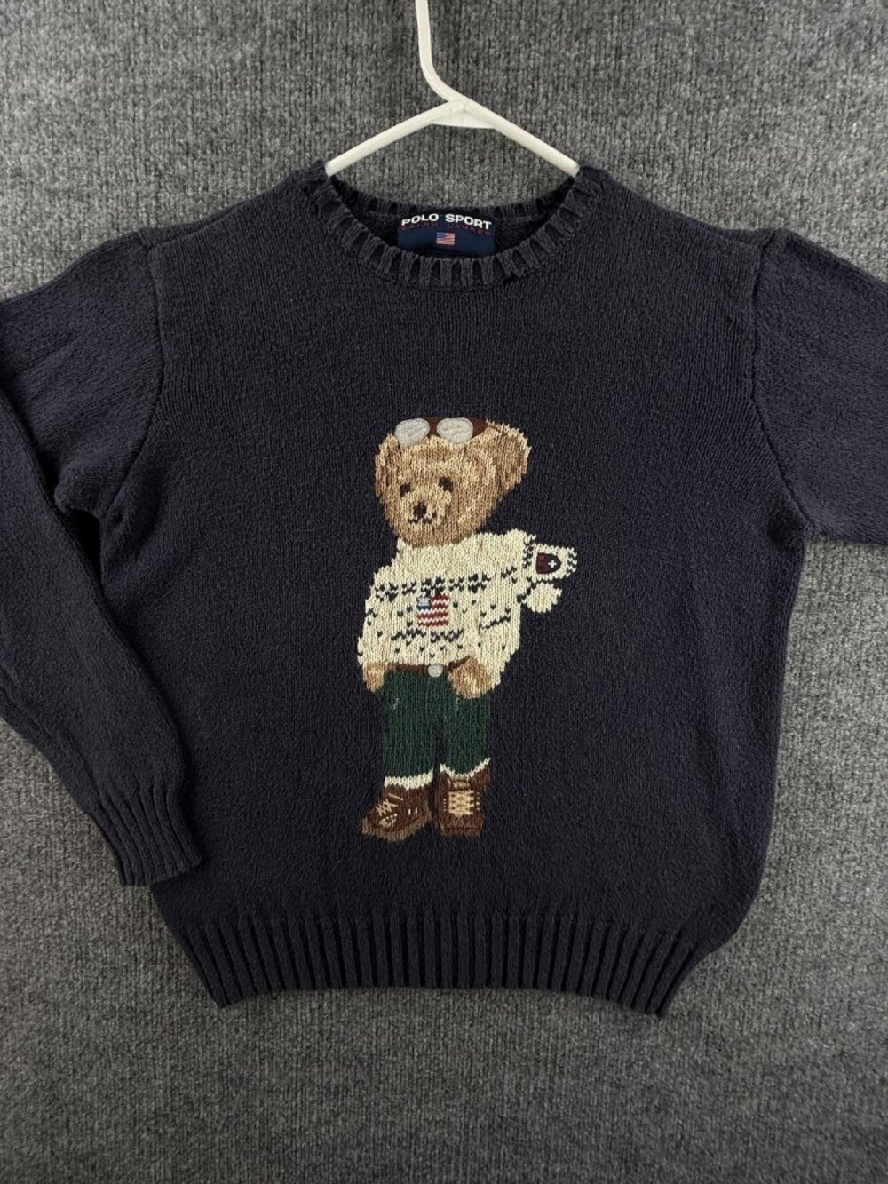 VTG Polo Sport Ralph Lauren Winter Aviator Bear Crew Graphic Medium Knit Navy